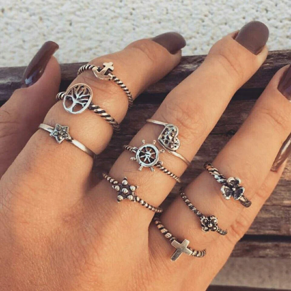 10PCS Rings set vintage heart tree flower cross anchor silver color gypsy midi rings for women ethnic jewellery
10PCS Rings set vintage heart tree flower cross anchor silver color gypsy midi rings for women ethnic jewellery