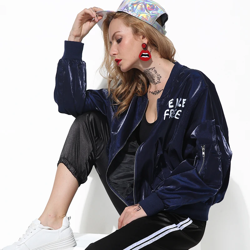 2019 new autumn women street hiphop black blue bright letter printing jackets long sleeve loose cool fashion zipper coat | Женская