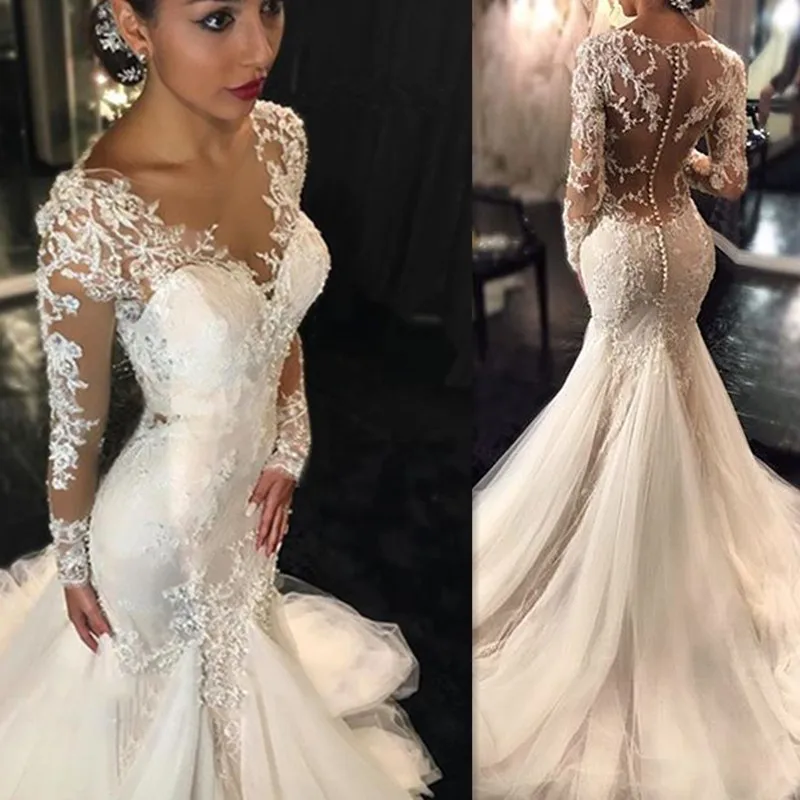 Vintage Mermaid Lace Wedding Dresses 2021 robe de mariee Sheer Illusion Long Sleeves Bridal Gowns Custom Made trouwjurk
Vintage Mermaid Lace Wedding Dresses 2021 robe de mariee Sheer Illusion Long Sleeves Bridal Gowns Custom Made trouwjurk