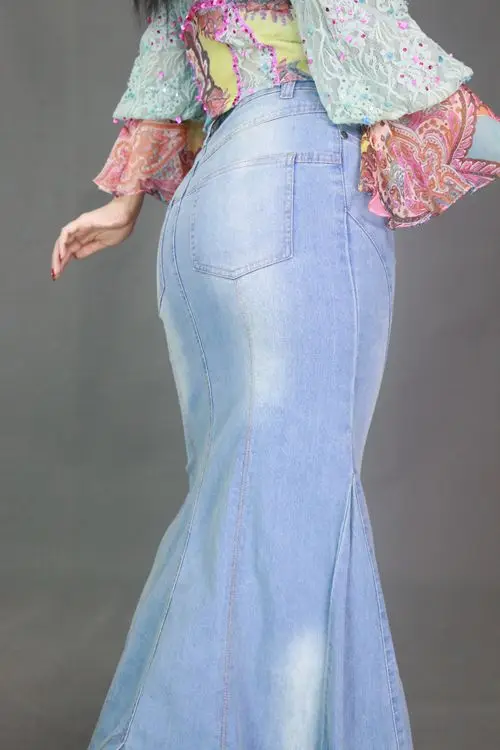 Big Fish Tail Denim Skirt Women Mermaid Stretchy Light Blue Long Skirt Floor-Length Trumpet Empire High Waist Slit Jeans J97397
Big Fish Tail Denim Skirt Women Mermaid Stretchy Light Blue Long Skirt Floor-Length Trumpet Empire High Waist Slit Jeans J97397
