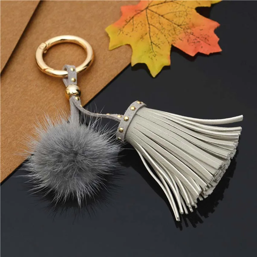 2019 New Tassel rivet Pompon Fluffy porte clef pompom Mink hair real Fur Ball women femme Pom Keychain Key Chain llavero | Украшения и