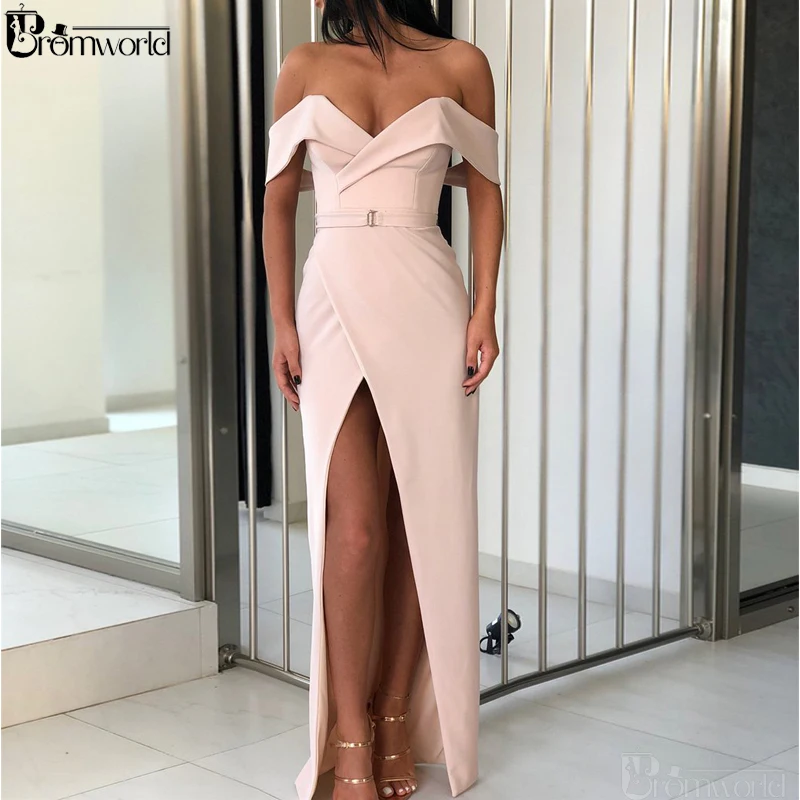

Champagne Evening Dresses 2021 robe de soiree Off the Shoulder Sheath Prom Dress High Slit Sexy Long Elegant Evening Gown