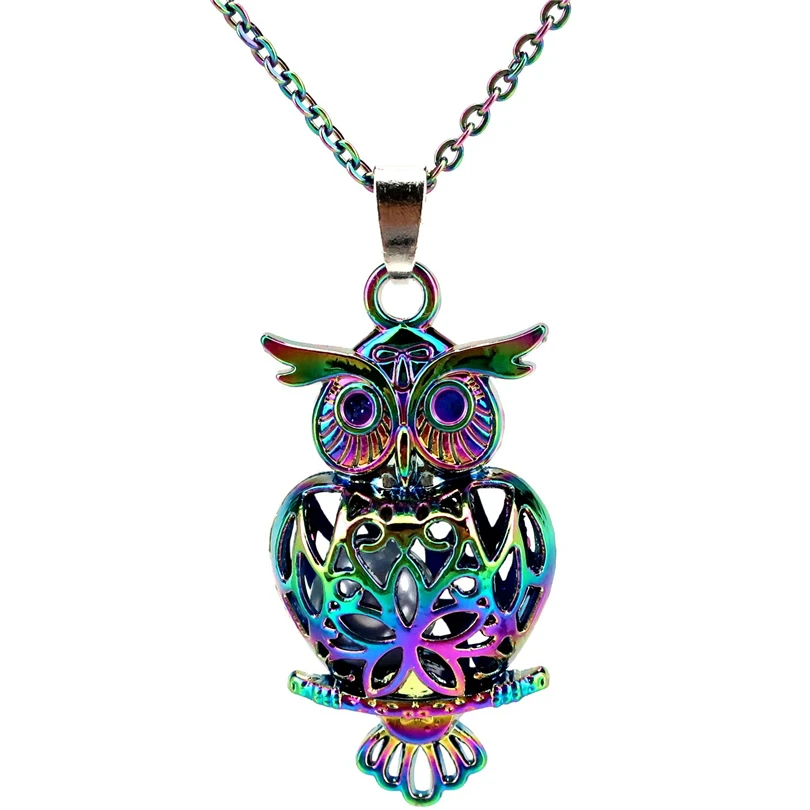 

C132 Rainbow Color 41mm Big Owl Magnetic Beads Cage Pendant Locket Necklace Aroma Essential Oil Diffuser-Fun Gift