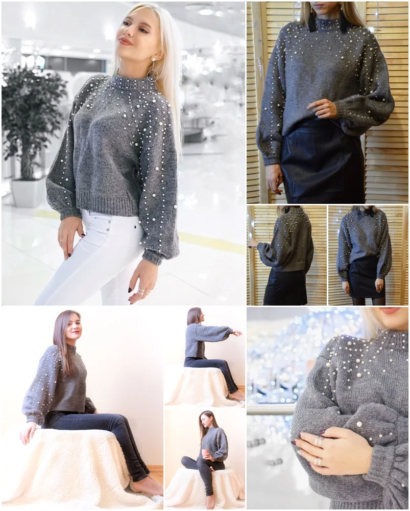 Winter Spring Women Pullover Sweaters Grey Elegent Pearl Beaded Rib Knit Jumper Stand Collar Long Sleeve Tight Sweater 7Q1783
Winter Spring Women Pullover Sweaters Grey Elegent Pearl Beaded Rib Knit Jumper Stand Collar Long Sleeve Tight Sweater 7Q1783