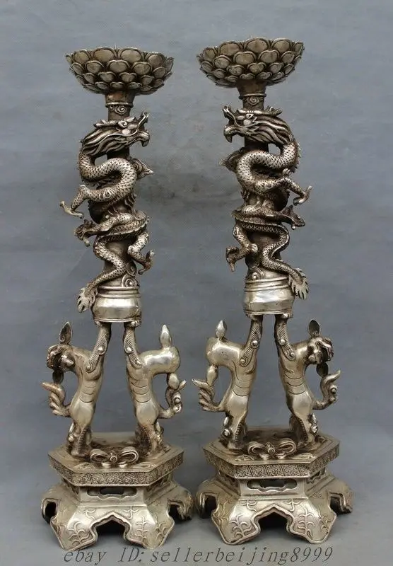 2pcs 25" Chinese Silver Foo Fu Dog Lion Dragon Lotus Candle Stick Holder Pair Garden Decoration Tibetan silver Bronzeroom Art
2pcs 25" Chinese Silver Foo Fu Dog Lion Dragon Lotus Candle Stick Holder Pair Garden Decoration Tibetan silver Bronzeroom Art