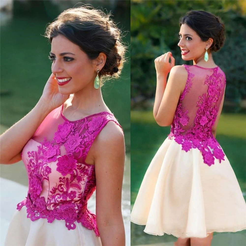 Sheer 3D Floral Appliques Cocktail Dresses Jewel Neckline Sleeveless Prom Gowns Short Length Fuchsia Fashion Evening Dress
Sheer 3D Floral Appliques Cocktail Dresses Jewel Neckline Sleeveless Prom Gowns Short Length Fuchsia Fashion Evening Dress