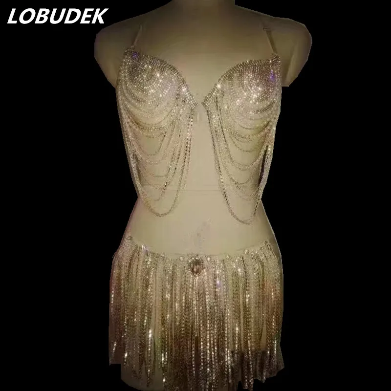 Bar Women Pole dancing Costume Gold Crystals Tassels Bikini Sexy Stage Outfit Bar Nightclub DJ Singer Catwalk Party Dance wears
Bar Women Pole dancing Costume Gold Crystals Tassels Bikini Sexy Stage Outfit Bar Nightclub DJ Singer Catwalk Party Dance wears