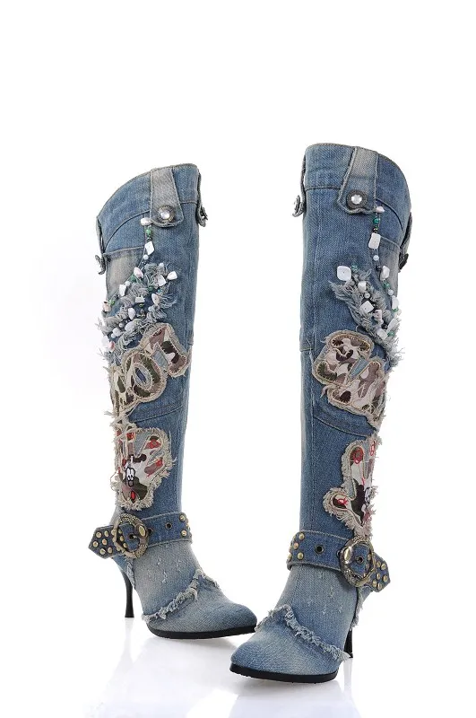 High Quality Women Wash Denim Beaded High Heel Knee Length Boots Thin Heel Motorcycle Jeans Boots Real Photo
High Quality Women Wash Denim Beaded High Heel Knee Length Boots Thin Heel Motorcycle Jeans Boots Real Photo