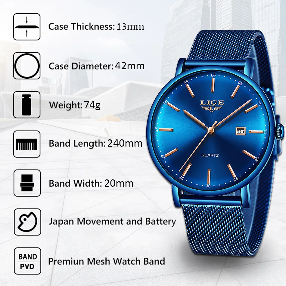 LIGE Mens Watches Top Brand Luxury Sport Watch Ultrathin Mesh Casual Waterproof Quartz Watch Men Blue Clock Relogio Masculino
LIGE Mens Watches Top Brand Luxury Sport Watch Ultrathin Mesh Casual Waterproof Quartz Watch Men Blue Clock Relogio Masculino