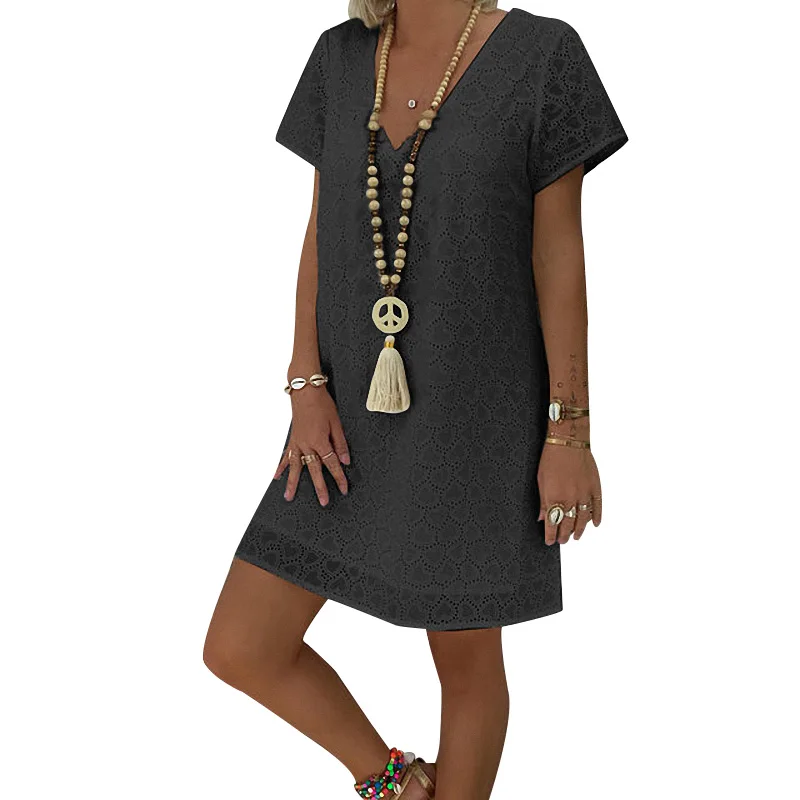 Ladies Casual Boho Dress Solid Color Summer Elegant Women Summer Vneck Short Sleeve Loose Lace Patchwork Dress vestidos Hot Sell
Ladies Casual Boho Dress Solid Color Summer Elegant Women Summer Vneck Short Sleeve Loose Lace Patchwork Dress vestidos Hot Sell