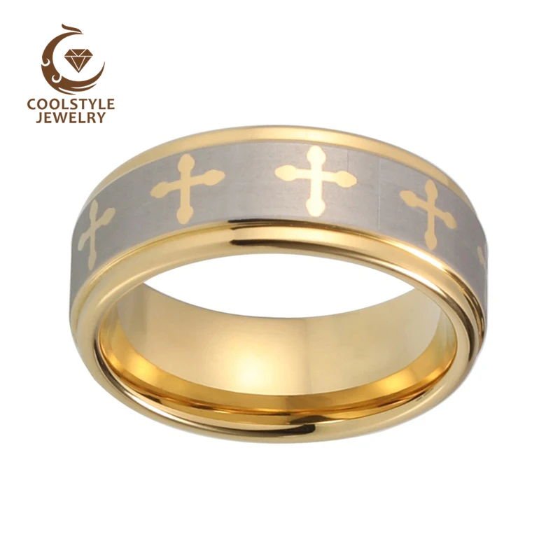 Laser Engraving 8mm Brushed Polished Tungsten Carbide Ring Gold Color Comfort Fit Wedding Band | Украшения и аксессуары