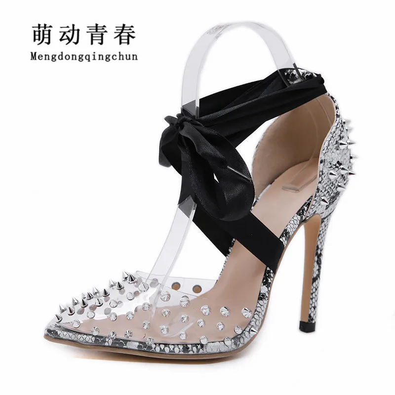 2019 Europe New Women Pumps Fashion Rivet Lace Up High Heels Sexy Snake Print Pointed Toe Clear PVC Dress Summer Party | Обувь