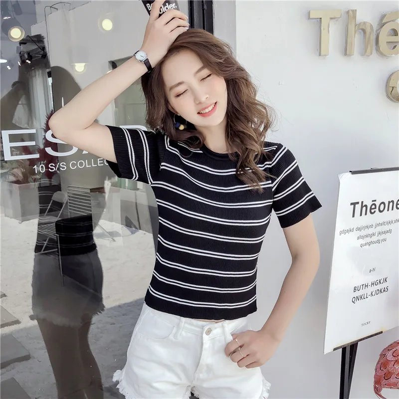 Elastic Women Sweater Korean Knitted Bright Knitted Short Sleeved T-shirt Black Casual Slim Top T Shirt
Elastic Women Sweater Korean Knitted Bright Knitted Short Sleeved T-shirt Black Casual Slim Top T Shirt