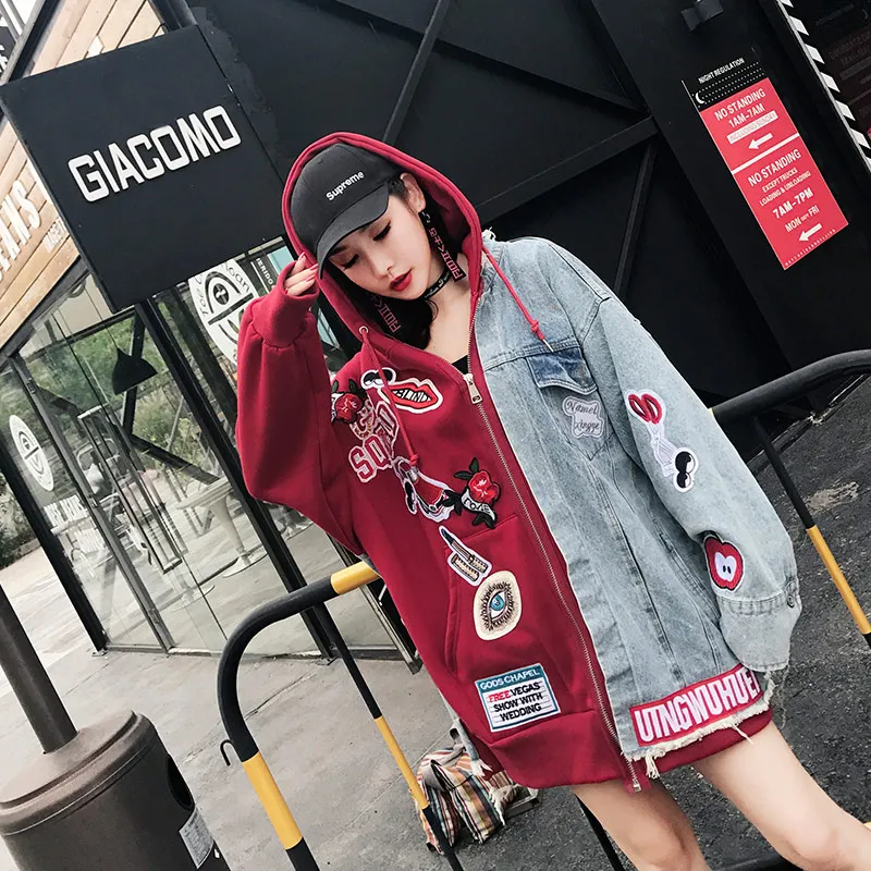 2019 Autumn Loose Casual Denim Jacket Hooded Women Patchs Embroidery Punk Style Red and Blue Jacket Oversize
2019 Autumn Loose Casual Denim Jacket Hooded Women Patchs Embroidery Punk Style Red and Blue Jacket Oversize
