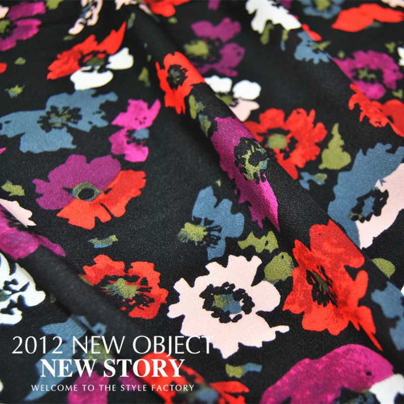 

LEO&LIN width Black Background Colorful Flowers 100% Silk Silk Double Crepe Skirt Thin Through Dresses Shirt Cloth 50cm 50cm