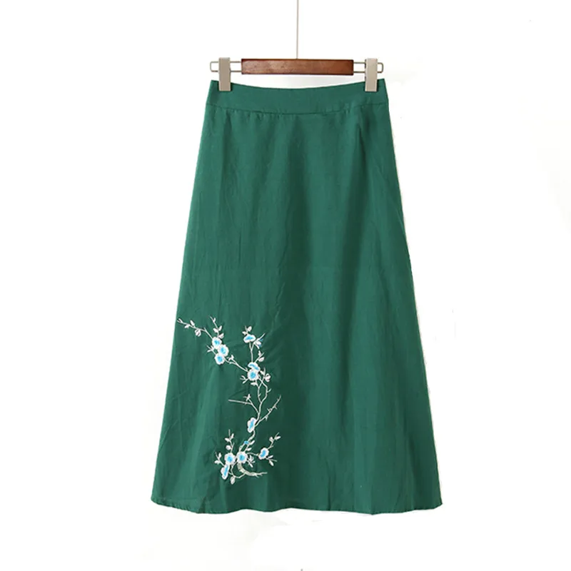 Женская длинная юбка с цветочной вышивкой из хлопка и льна | одежда