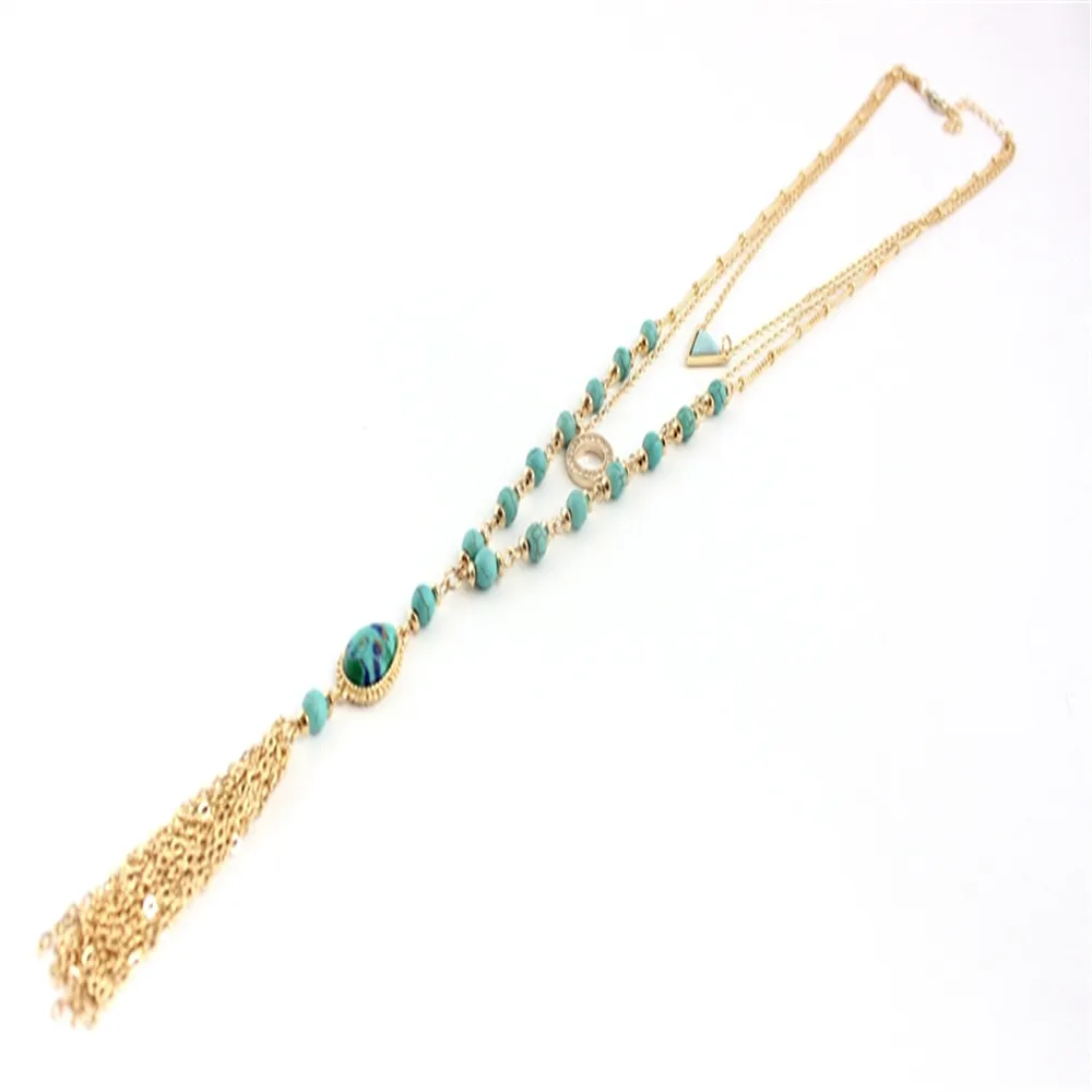 XQ Free shipping The new fashion Long tassels personality Green pine bead layers Three of triangle necklace | Украшения и