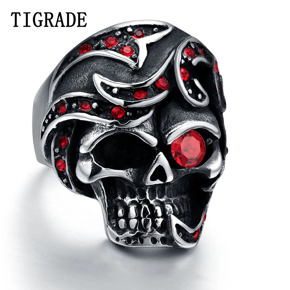 TIGRADE Skull Punk Rings Men Black Vintage Gothic Biker Stainless Steel Ring Garnet Red Simulated Cz Eye Jewelry Sale anillos
TIGRADE Skull Punk Rings Men Black Vintage Gothic Biker Stainless Steel Ring Garnet Red Simulated Cz Eye Jewelry Sale anillos