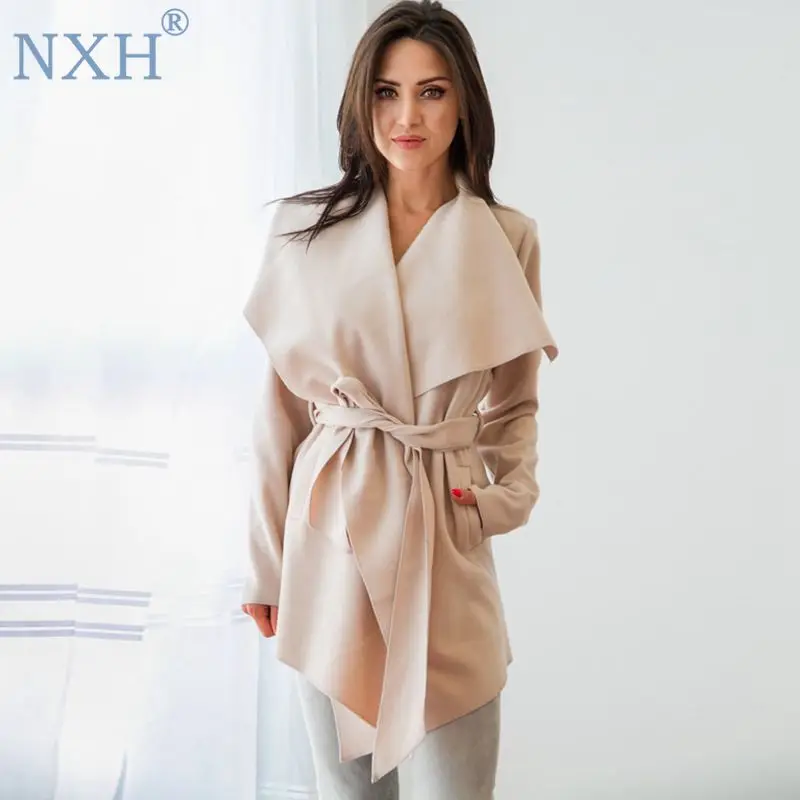 NXH new fashion women mid-long coat ladies coats wool jacket Suede cape windbreak cashmere Belt trench | Женская одежда