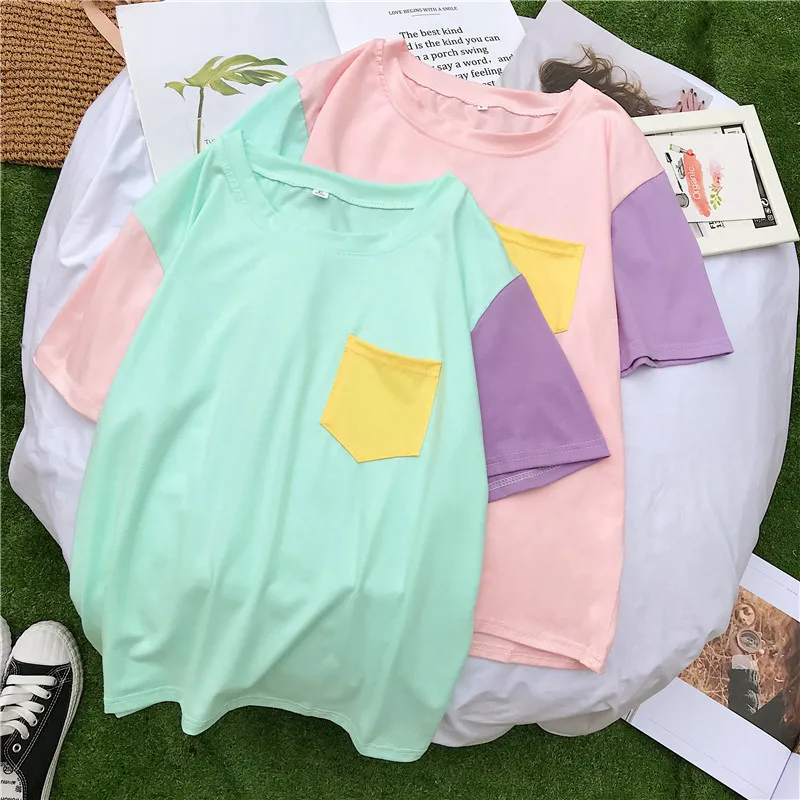 Женские топы летние лоскутные футболки в Корейском стиле Харадзюку контрастных
