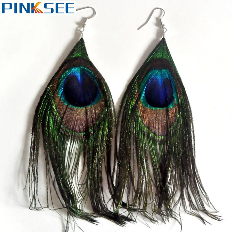 Женские длинные серьги-подвески с перьями павлина | Украшения и аксессуары