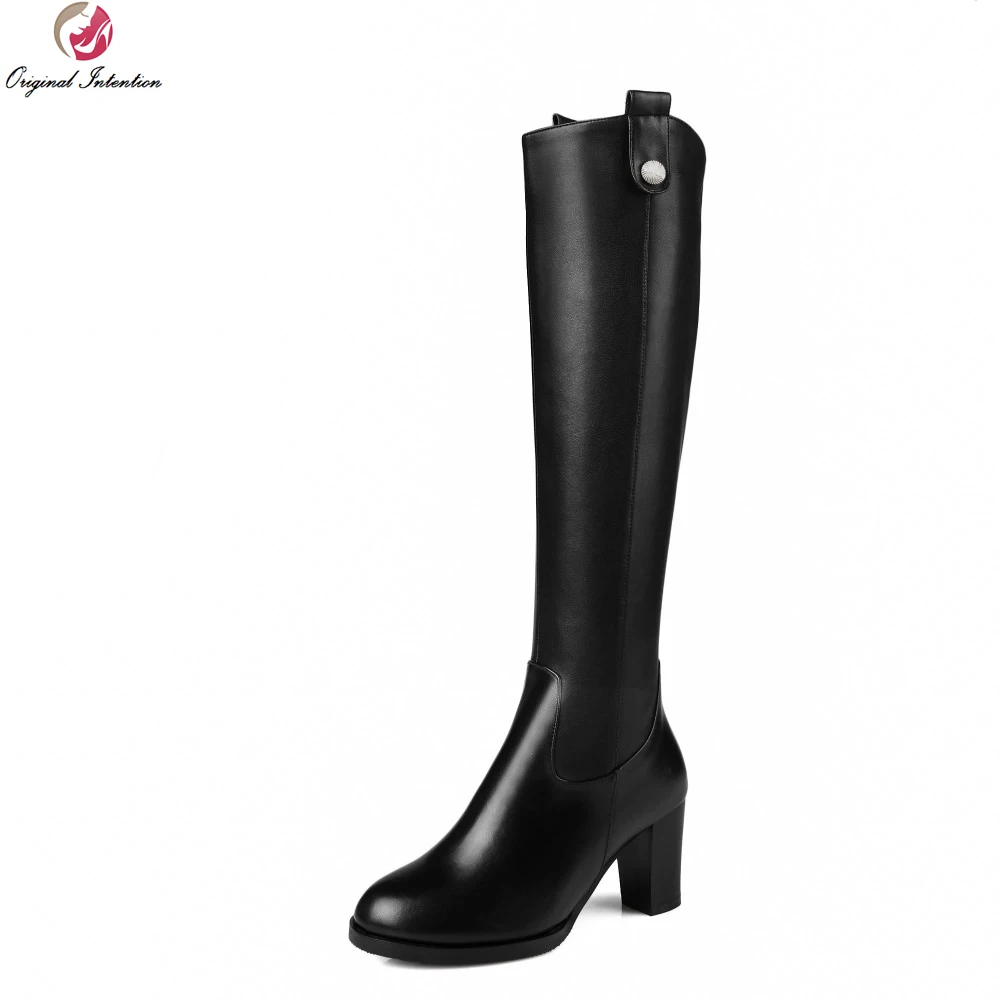 

Original Intention New Grace Women Knee High Boots Nice Round Toe Square Heels Boots Popular Black Shoes Woman US Size 3.5-13