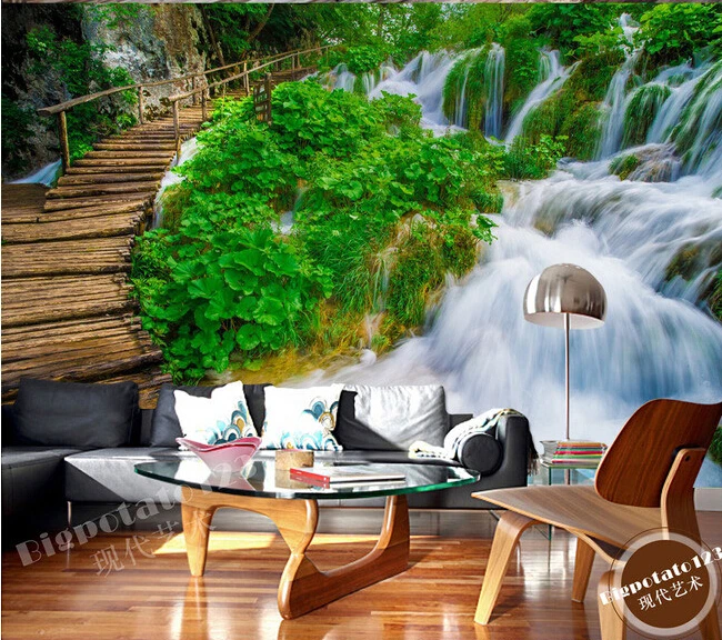 

Custom 3D murals,beautiful forest wood path green forest waterfall scenery, living room sofa TV bedroom background wallpaper