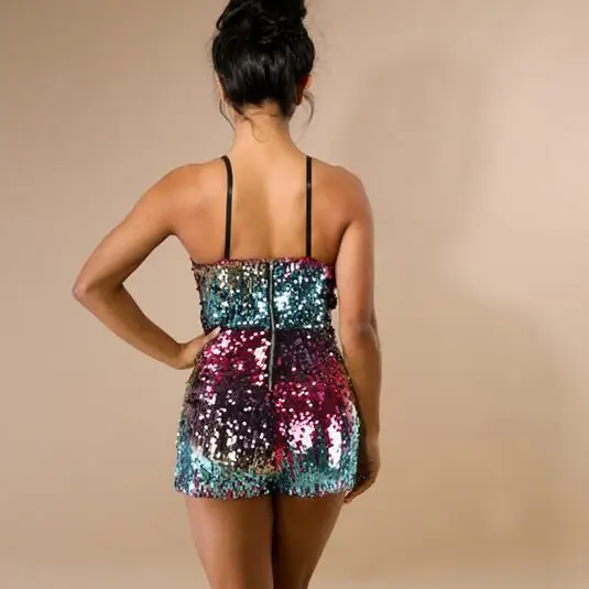 Sequin Playsuit Sleeveless Sexy Strap Back Zipper Glitter Elegant Jumpsuits Short Rompers Overalls Party Sparkly Jumpsuit DW616 | Женская