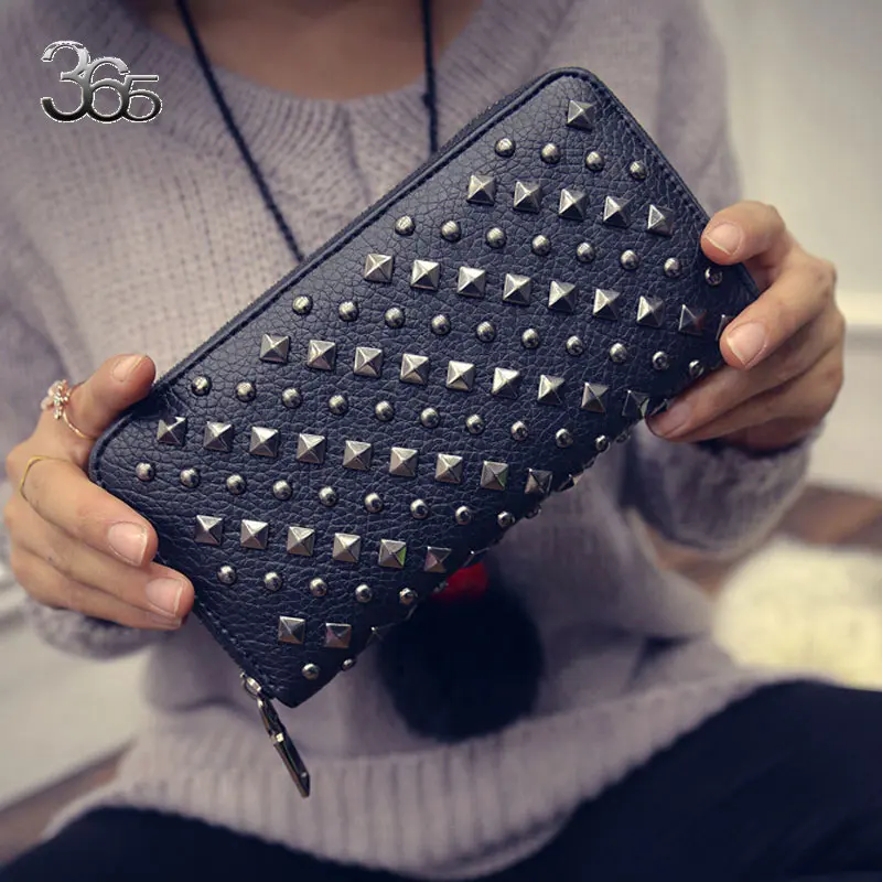 Free Shipping Black / Champagne Color Vintage Women Long Purse Rivet Leather Zipper Phone Clutch PU Wallets | Багаж и сумки
