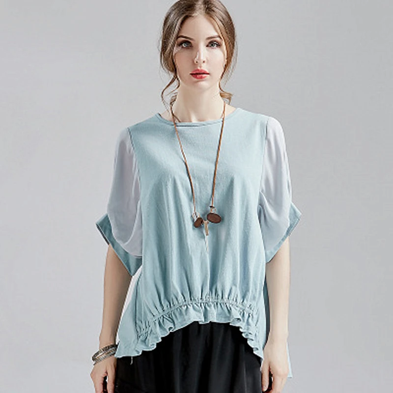 Large Size Women's T-shirt Loose Thin Round Neck Bat Sleeve Chiffon Stitching Bottoming Shirt 2019 Summer Shirt Fashion Trend
Large Size Women's T-shirt Loose Thin Round Neck Bat Sleeve Chiffon Stitching Bottoming Shirt 2019 Summer Shirt Fashion Trend