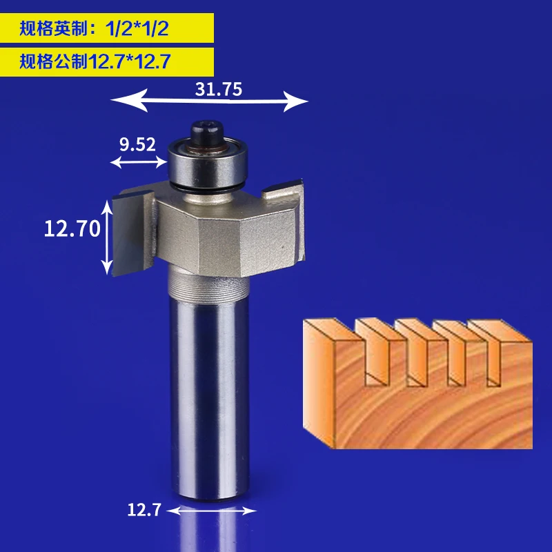 1/2" Shank T-Slot Milling Cutter 1/4" Shank Bearing Tenon Cutter 6.35 or 12.7mm Shank. Diameter: 31.75mm, Cutting Width: 9.52mm 
1/2" Shank T-Slot Milling Cutter 1/4" Shank Bearing Tenon Cutter 6.35 or 12.7mm Shank. Diameter: 31.75mm, Cutting Width: 9.52mm