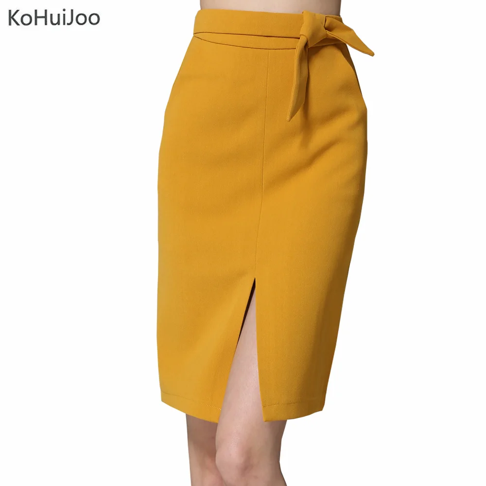 Юбка карандаш KoHuiJoo Женская черная желтая серая с большим бантом|front slit skirt|ladies pencil