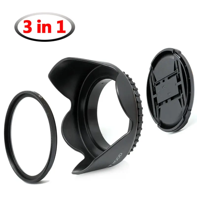 (3-in-1) 62mm Camera Value Pack for SLR Camera Front Lens Cap + Screw-on Lens Hood + 62 mm UV Lens Protective Filter
(3-in-1) 62mm Camera Value Pack for SLR Camera Front Lens Cap + Screw-on Lens Hood + 62 mm UV Lens Protective Filter