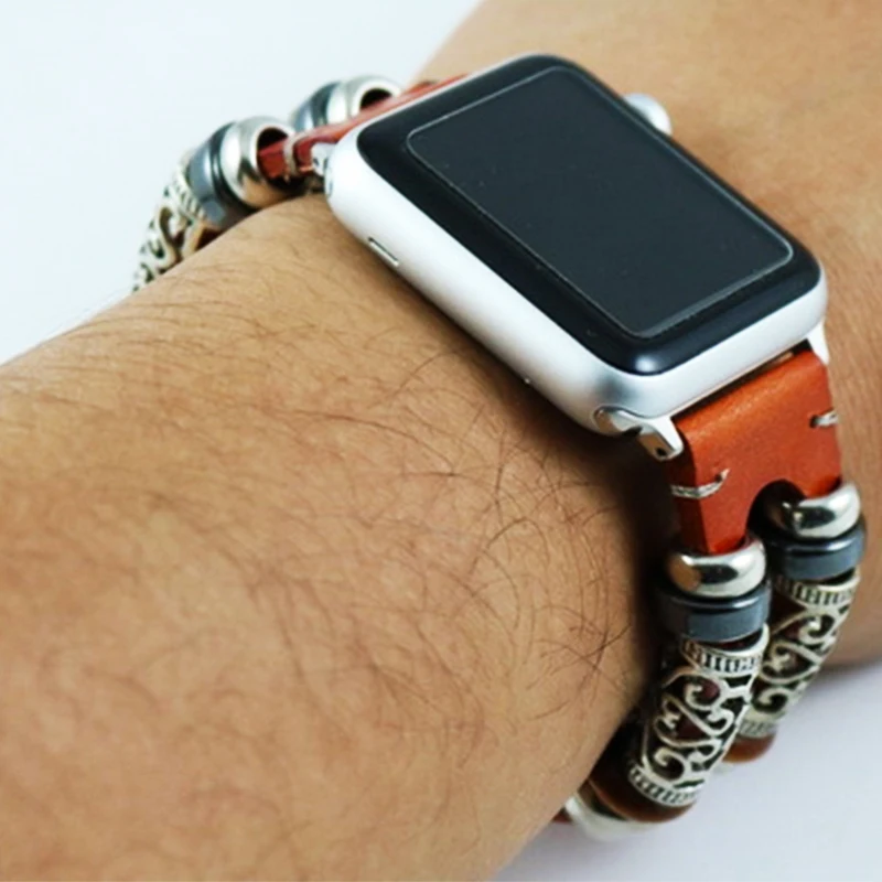 Handmade Beads Bracelets Watch Belt Band For Apple 42mm 38mm Series 1 2 3 Genuine Leather iWatch Strap | Наручные часы