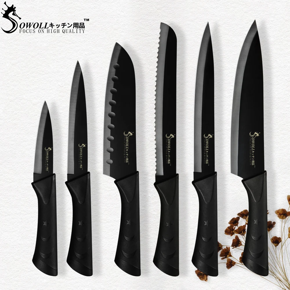 Sowoll Stainless Steel Kitchen Knives Set Whole Black Knife With ABS Handle Chef Slicing Bread Santoku Utility Paring Knife
Sowoll Stainless Steel Kitchen Knives Set Whole Black Knife With ABS Handle Chef Slicing Bread Santoku Utility Paring Knife