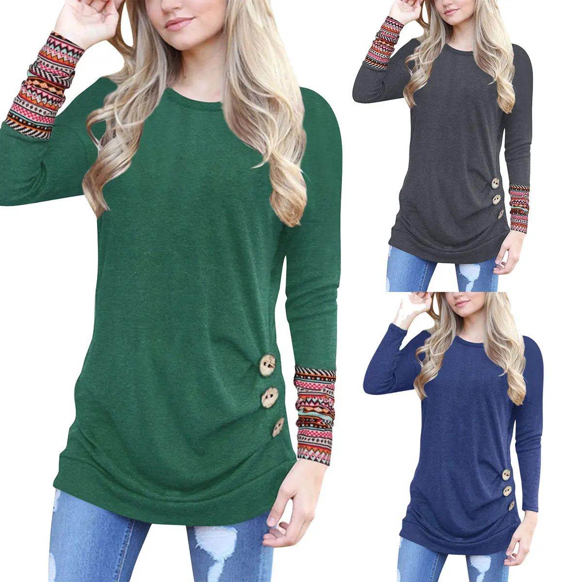 New Women Explosions Round Neck Rags Long Sleeve Button Decorative T-shirt Womens Tops Shirts T Shirt | Женская одежда