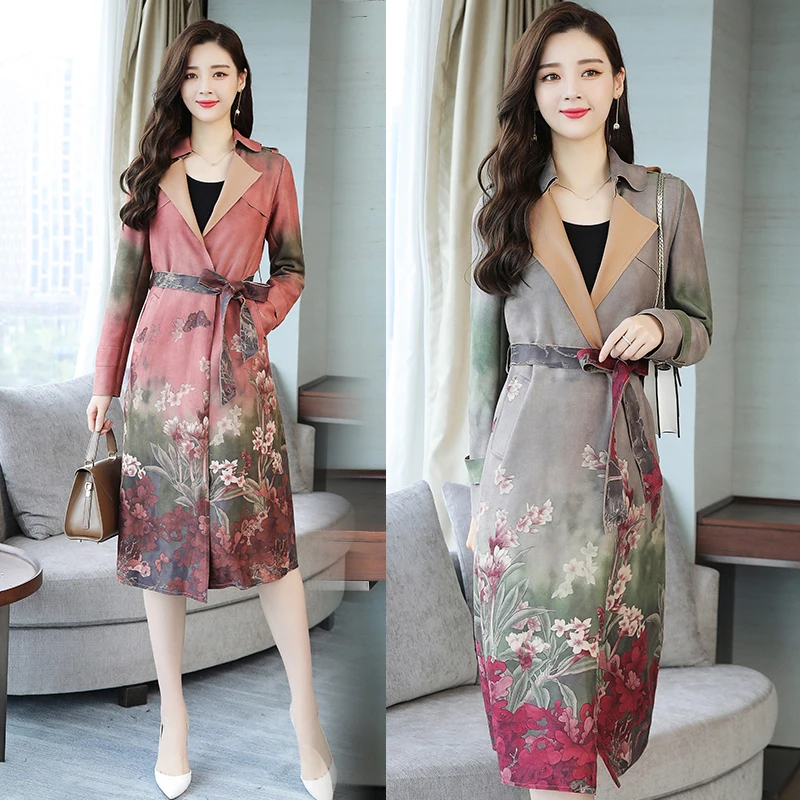 

Spring Autumn Women Floral Long Elegant Suede Outwear , Fall Female Woman 3xl Painted Flower Sash Cardigan Trench Coat Overcoat