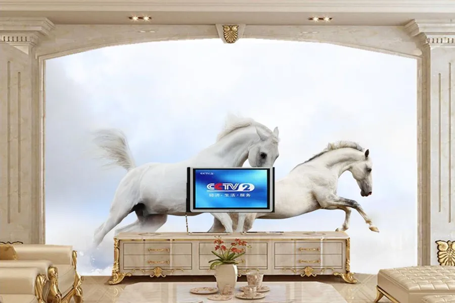 Фото Фотообои 3d фотообои с изображением двух белых лошадей животных для гостиной