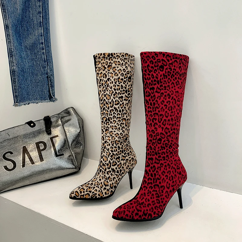 Large Size 34-48 Leopard Printing Knee High Boots Woman Femininas Boots Botas Masculina Botines Mujer Chaussure Femme Shoes