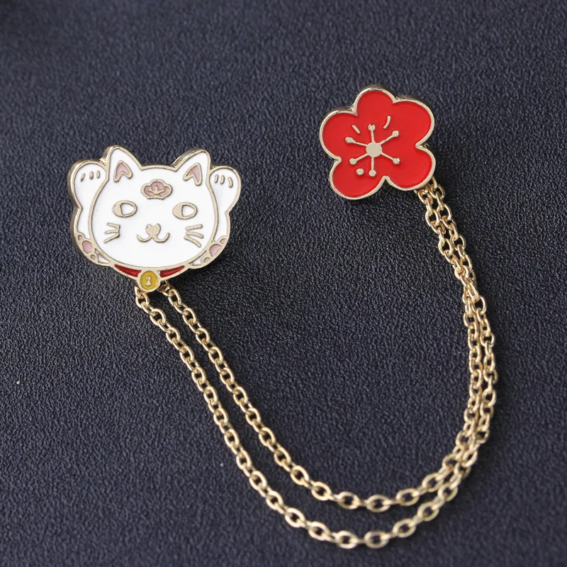 Fashion Good Luck Amulet Brooch Pins 2 pcs/set Lucky Cat With Flower/ Ten million Golden Cute Women Enamel Jewelry | Украшения и