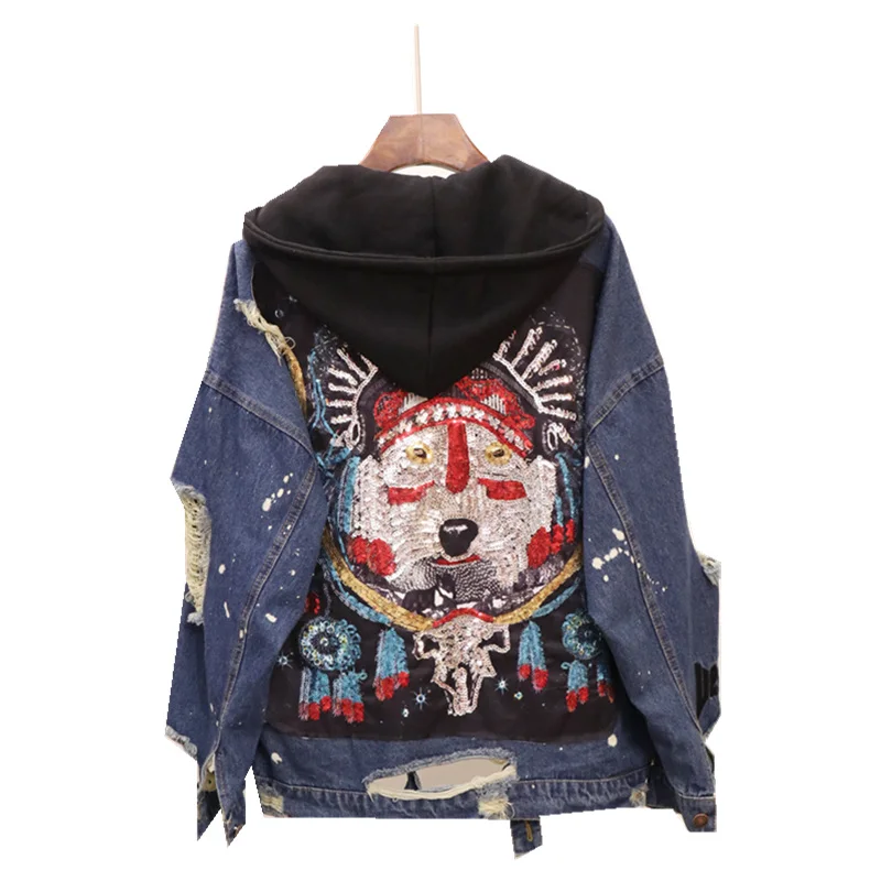 2019 Autumn New Heavy Duty Sequins Broken Holes Retro Burlap Jeans Coat Women Street Wear Hooded Loose Denim Jacket Student Coat 
2019 Autumn New Heavy Duty Sequins Broken Holes Retro Burlap Jeans Coat Women Street Wear Hooded Loose Denim Jacket Student Coat