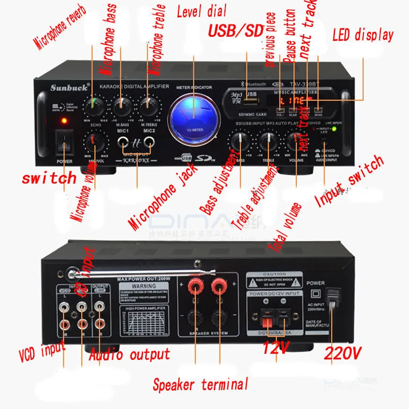 kaolanhon TAV-339BT 240W*2 12V/220V/110V AV karaoke home audio Bluetooth amplifier Dual microphone USB SD FM car amplifier
kaolanhon TAV-339BT 240W*2 12V/220V/110V AV karaoke home audio Bluetooth amplifier Dual microphone USB SD FM car amplifier