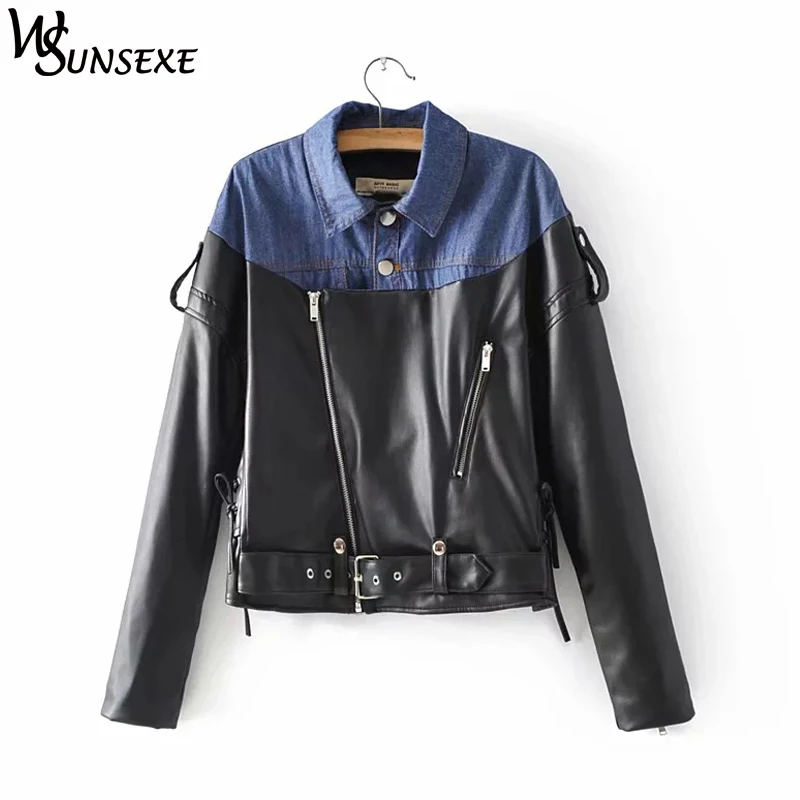 Denim Spliced Pu Leather Jacket Women Long Sleeve Sashes High Waist Short Patchwork Jackets Autumn 2018 New Autumn Streetwear
Denim Spliced Pu Leather Jacket Women Long Sleeve Sashes High Waist Short Patchwork Jackets Autumn 2018 New Autumn Streetwear