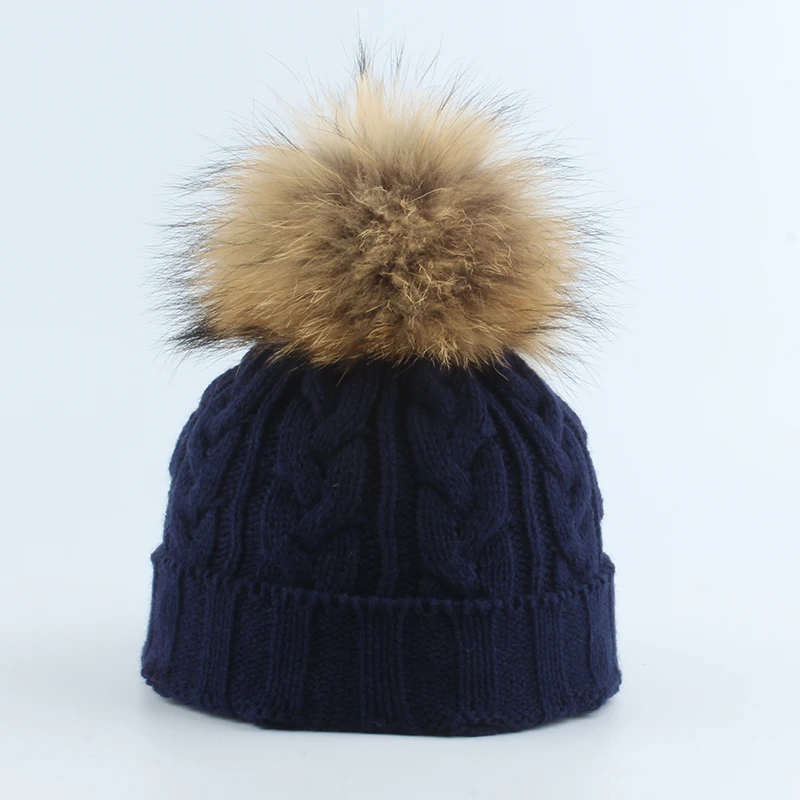 2019 зимние вязаные шапочки для детей из натурального меха с помпоном шапки