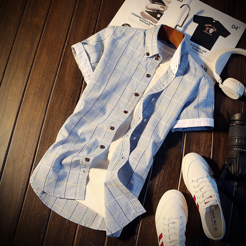 Left ROM New Summer 2019 Fashion Men's Cotton Plaid Short Sleeved Shirts / Male Slim Lapel Casual Short Sleeved Shirts
Left ROM New Summer 2019 Fashion Men's Cotton Plaid Short Sleeved Shirts / Male Slim Lapel Casual Short Sleeved Shirts