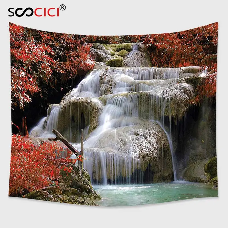 

Cutom Tapestry Wall Hanging,Waterfall Decor Waterfalls Flow Through Giant Rocks Surrounded by Fall Trees Red White and Light