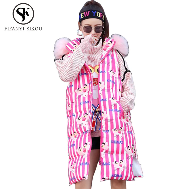 Winter Long Vest Women Jacket Fur collar Hooded Cotton Fashion Cartoon Sleeveless Vests Coat Loose Warm Waistcoat Female | Женская