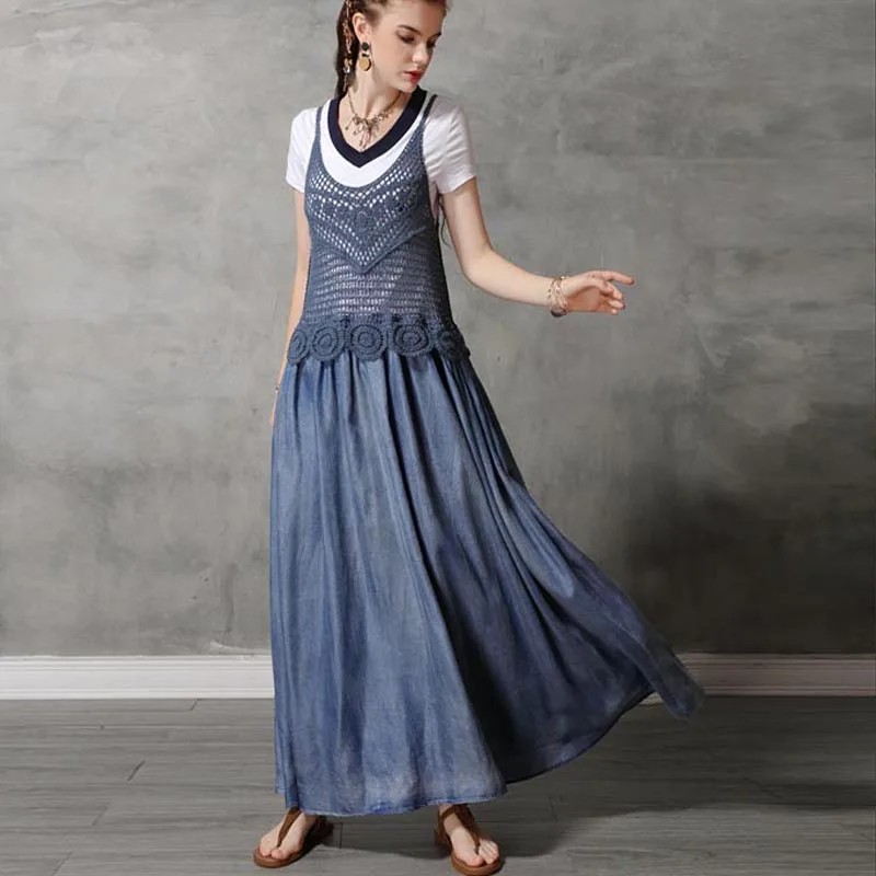 Free Shipping 2022 New Fashion Summer Lace And Denim Sleeveless Dresses For Women Long Maxi V-neck Vintage Spaghetti Strap Dress
Free Shipping 2022 New Fashion Summer Lace And Denim Sleeveless Dresses For Women Long Maxi V-neck Vintage Spaghetti Strap Dress