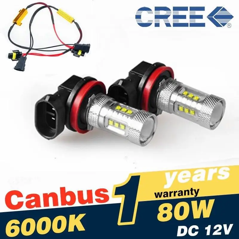 

2x H11 16*5W Cree Chip CANBUS FOG LIGHT LED BULBS ERROR FREE 6000K WHITE H8 FOGLIGHT LED+ H8/H11 Auto Led Decoder Load Resistor