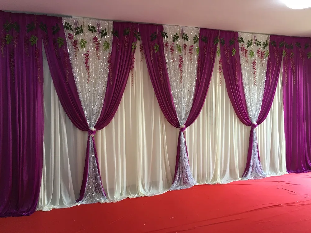 10ft x 20ft Wedding backdrop with purple swags and silver sequin wedding decoration